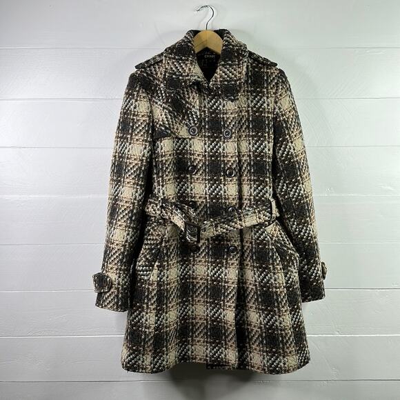 DKNY Tan Cream Gray Wool‎ Double Breasted Button Up Belted Pea Coat Jacket Sz 12 - Picture 1 of 13